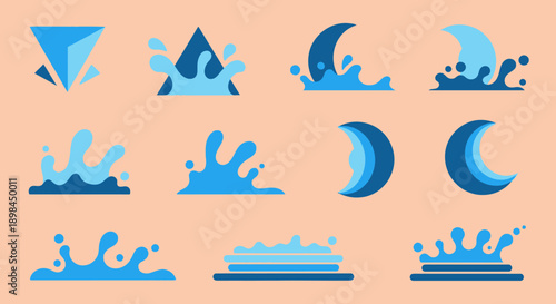 Collection of blue water splash icons on peach background.