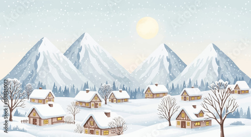 Snowy village landscape with mountains and houses in winter.
