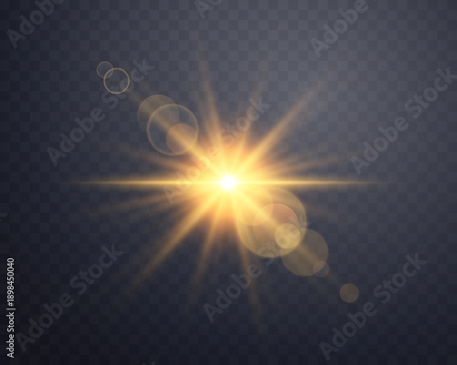 Orange  sunlight lens flare, sun flash with rays and spotlight. Glowing burst explosion on a transparent background. Vector illustration.