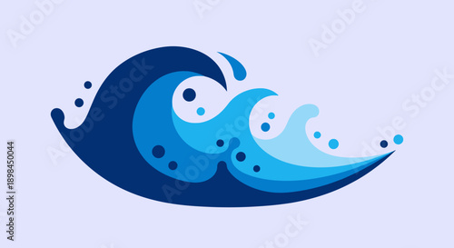 Stylized blue wave illustration with splashes and droplets.