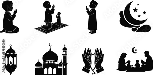 Islamic Prayer and Family Gathering Silhouette Icons vector illustration