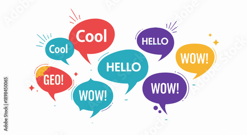 colorful speech bubbles with hello and wow
