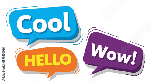 colorful speech bubbles with cool, hello, wow