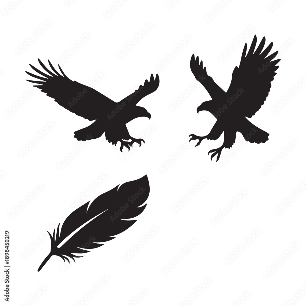 Fototapeta premium Flying eagle silhouettes and feather icon set in bold black vector style.
