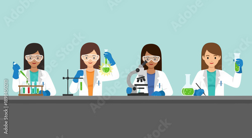 Four female scientists conducting experiments in a laboratory setting.