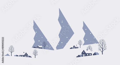 Winter landscape with snow-covered mountains and houses.