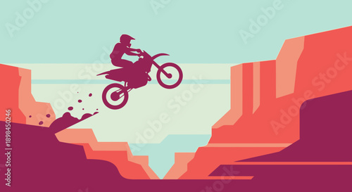 Motorcycle Rider Jumping Over Canyon in Stylized Landscape.
