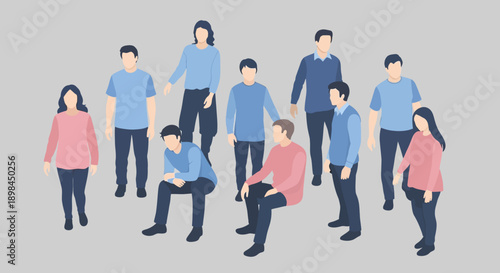 Diverse group of people standing and sitting together in casual attire.