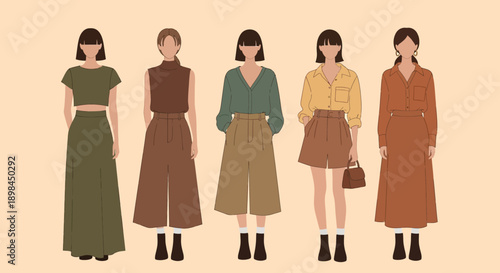 Illustration of five women wearing different outfits and accessories.