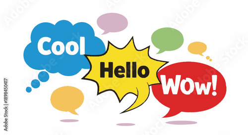 colorful speech bubbles with hello, cool and wow