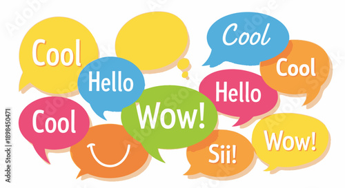colorful speech bubbles with hello, wow and cool words