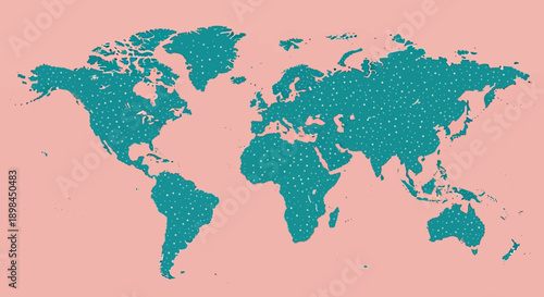 World map illustration with teal continents on a pastel pink background.