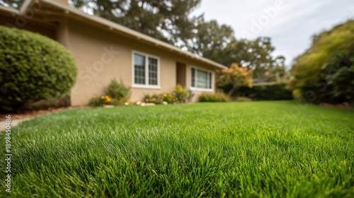 Wallpaper Mural Lush Green Grass in Front of a Cozy House Surrounded by Trees and Shrubs in a Serene Neighborhood Setting under a Soft Cloudy Sky Torontodigital.ca