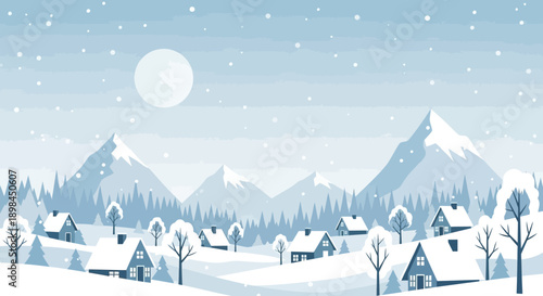 Snowy winter landscape with houses and mountains under full moon.