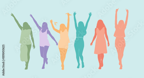 Diverse group of women celebrating together in colorful silhouettes.