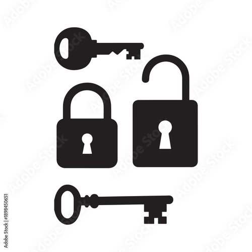 Lock And Key Silhouette Vector Set With Security Door Handle Icons. 