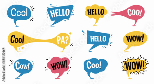 Colorful speech bubbles with greetings and expressions