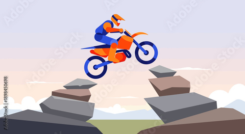 Motocross Rider Jumping Over Rocks on Orange Dirt Bike.