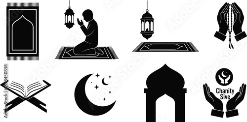 Islamic Prayer and Ramadan Icons with Quran and Crescent Moon Silhouette prayer mat