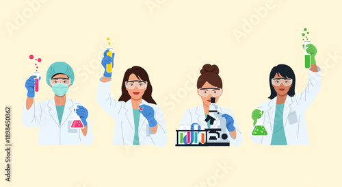 Diverse female scientists conducting experiments in laboratory setting.