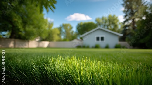 Wallpaper Mural Lush Green Lawn in a Peaceful Backyard Setting with a House in the Background Under a Clear Blue Sky and Beautiful White Clouds Torontodigital.ca