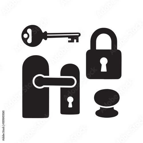  Lock And Key Silhouette Vector Set With Security Door Handle Icons. 