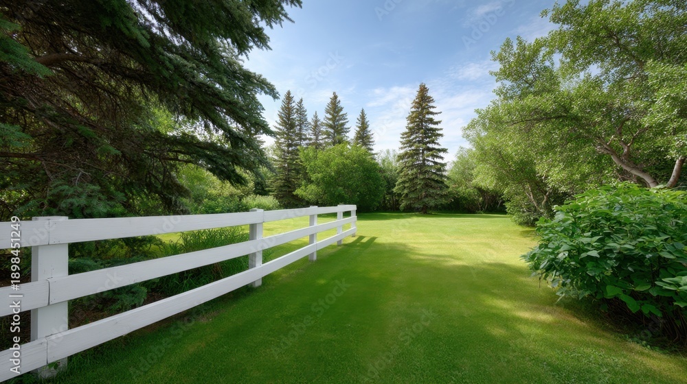 Obraz premium Serene Landscape of a Lush Green Lawn Bordered by White Wooden Fence Under a Clear Blue Sky Surrounded by Tall Trees and Dense Shrubs
