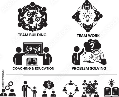 Workshop solid icon set containing team building, collaboration, teamwork, coaching, problem solving and education symbols. Professional training and learning icon collection