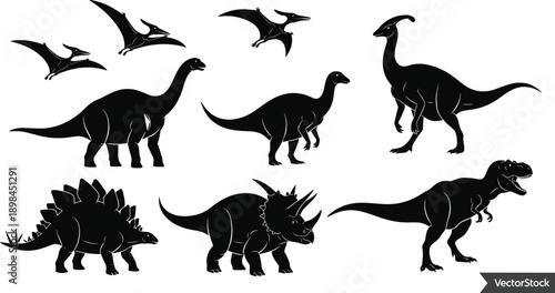 Black and white dinosaur silhouette set featuring trex pterodactyl stegosaurus and brontosaurus for educational kids design minimalist prehistoric animal vector collection