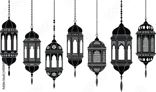 Black and White Islamic Hanging Lanterns Silhouette Set, Ornate Ramadan Kareem Decorations, Arabic Geometric Lattice Lamps with Tassels on White Background