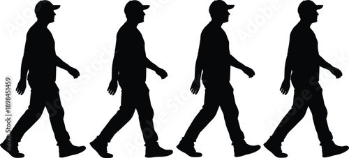 Black silhouette of man walking sequence, person in baseball cap four poses movement animation, minimalist human figure walking cycle on white