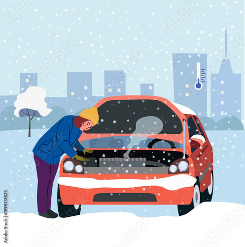 Winter Car Engine Problem, Man Checking Broken Vehicle with Open Hood in Snowy Weather. Vector cartoon flat style illustration