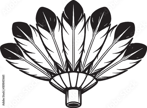 Feather Fan Ceremonial Ornament Black and White Line Art