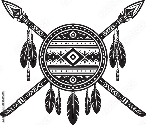 Dreamcatcher Wide Hoop with Few Feathers Black White Line Art