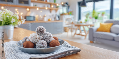 Chocolate truffle balls on plate with kitchen towel in cozy modern living room setting