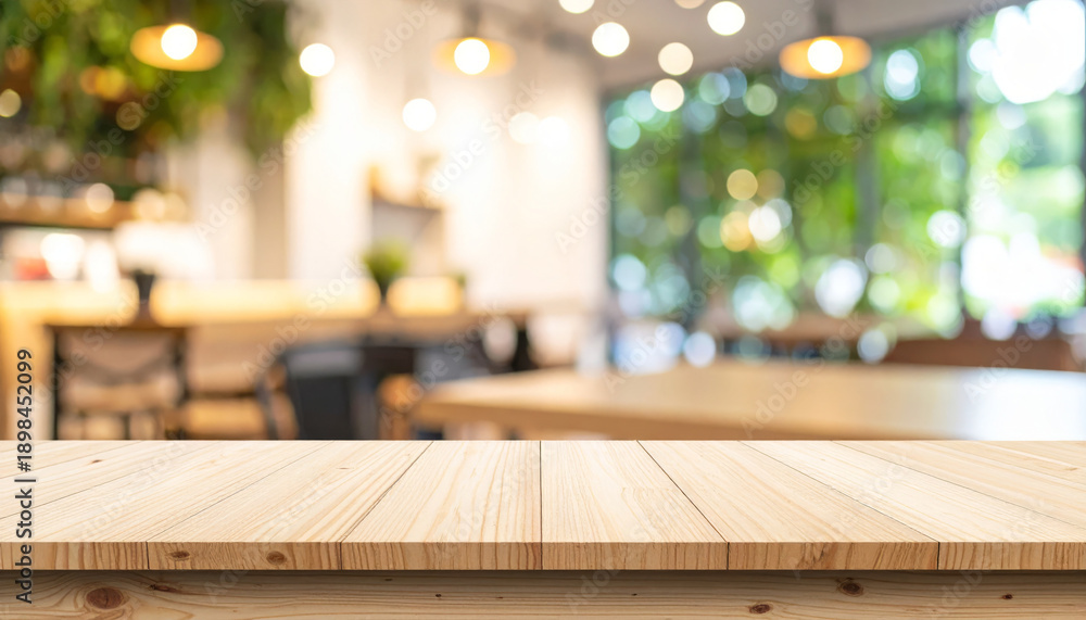 Obraz premium Wooden Table Top Close Up, Empty Wooden Counter over Blurred Kitchen Background