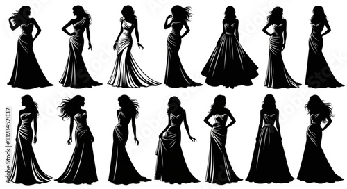 Elegant Women Silhouettes in Evening Gowns.
