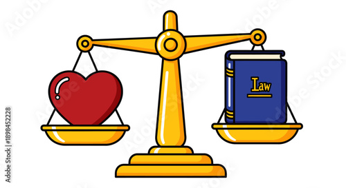 Golden justice scale balancing heart and law book, symbolizing legal