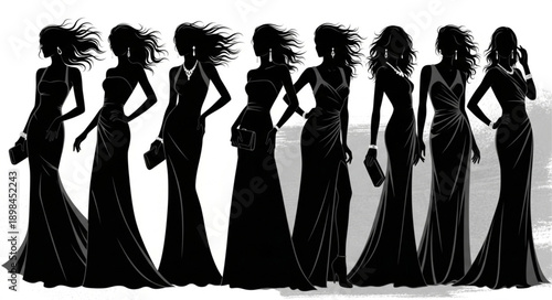 Elegant Women Silhouettes in Evening Gowns.