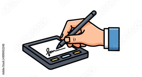 Professional hand signing electronic contract on digital tablet