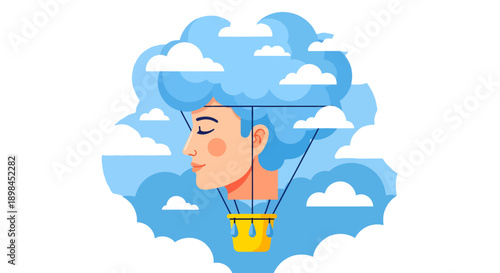 Imaginative human mind floating as a cloud hot air balloon with rain