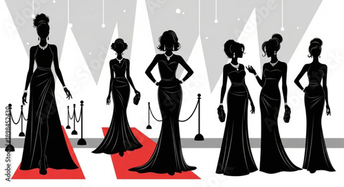 Elegant Women Silhouettes on Red Carpet Event.