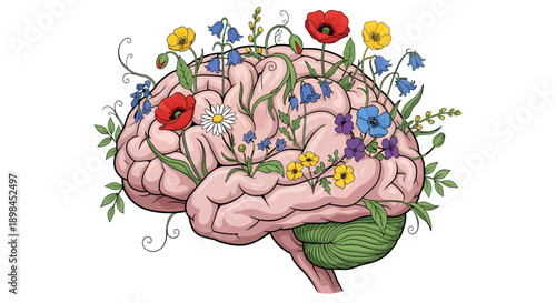 Blooming brain illustration with colorful flowers and natural vines