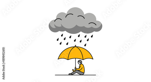 Depressed person sitting under a yellow umbrella during rain storm
