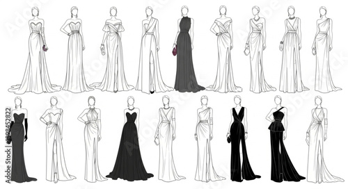 Fashion Design Sketches of Evening Gowns and Dresses.