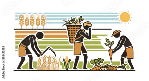 Farmers Harvesting Crops In A Field Under The Sun.