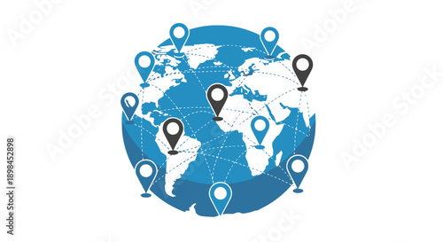Global map with interconnected location pins illustrating a worldwide