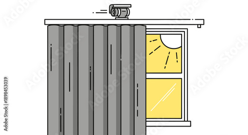 Modern window with partially open curtain letting in natural sunlight