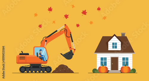 Flat minimalist construction illustration featuring orange excavator, autumn house with pumpkins, falling leaves, and operator on mustard yellow background for seasonal building.
