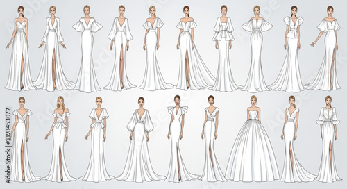 Fashion Design Sketches of Women in Elegant White Dresses.
